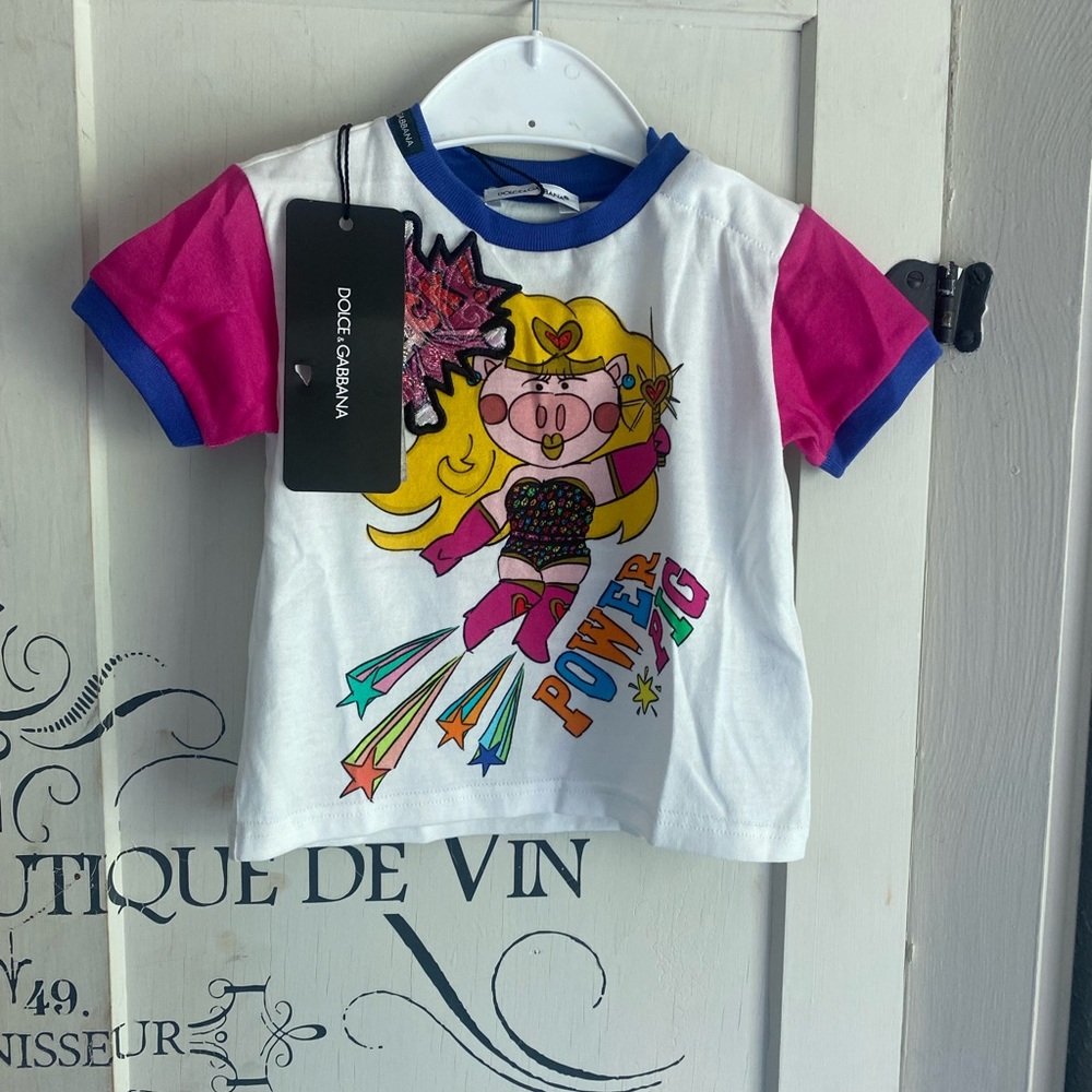 Dolce & Gabbana White Pink Blue Graphic 'Power' Kids Tee